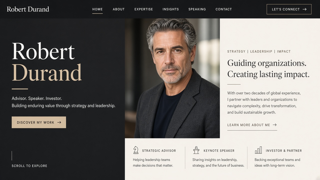 Example website concept 1 for robertdurand.com — illustrative mockup only