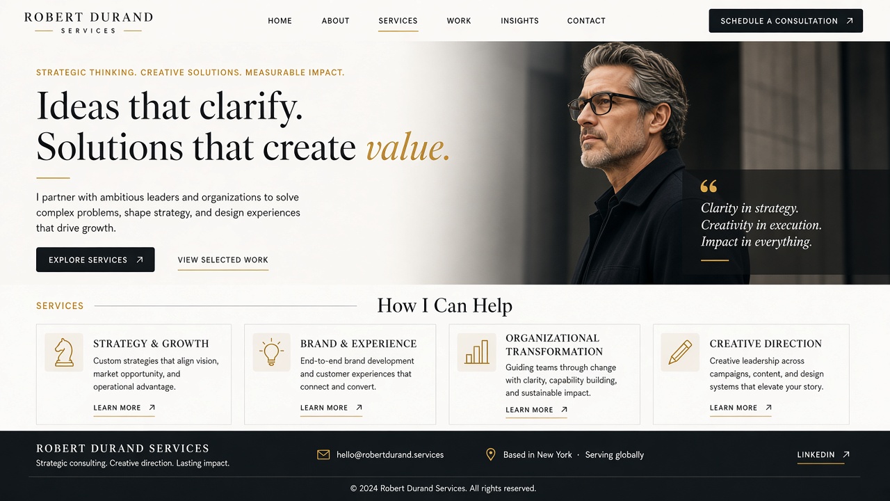 Example website concept 2 for robertdurand.com — illustrative mockup only